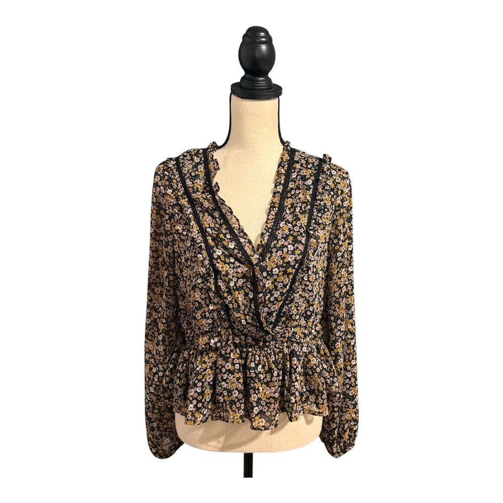 ASTR the Label Wmns Brown Ditsy Floral Faux Wrap Peplum Hem Blouse Sz M Romance